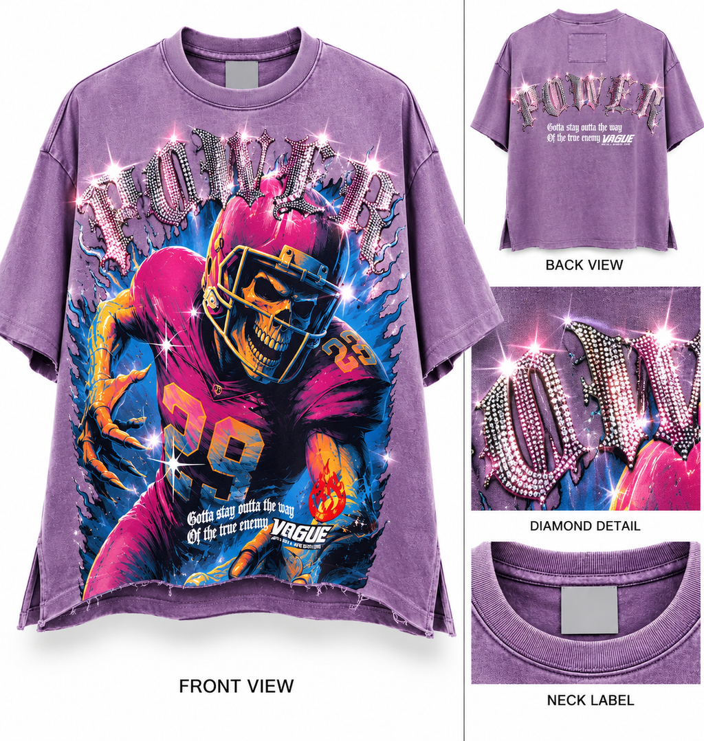 POWER Rhinestone Skull Football Tee – Vintage Purple
