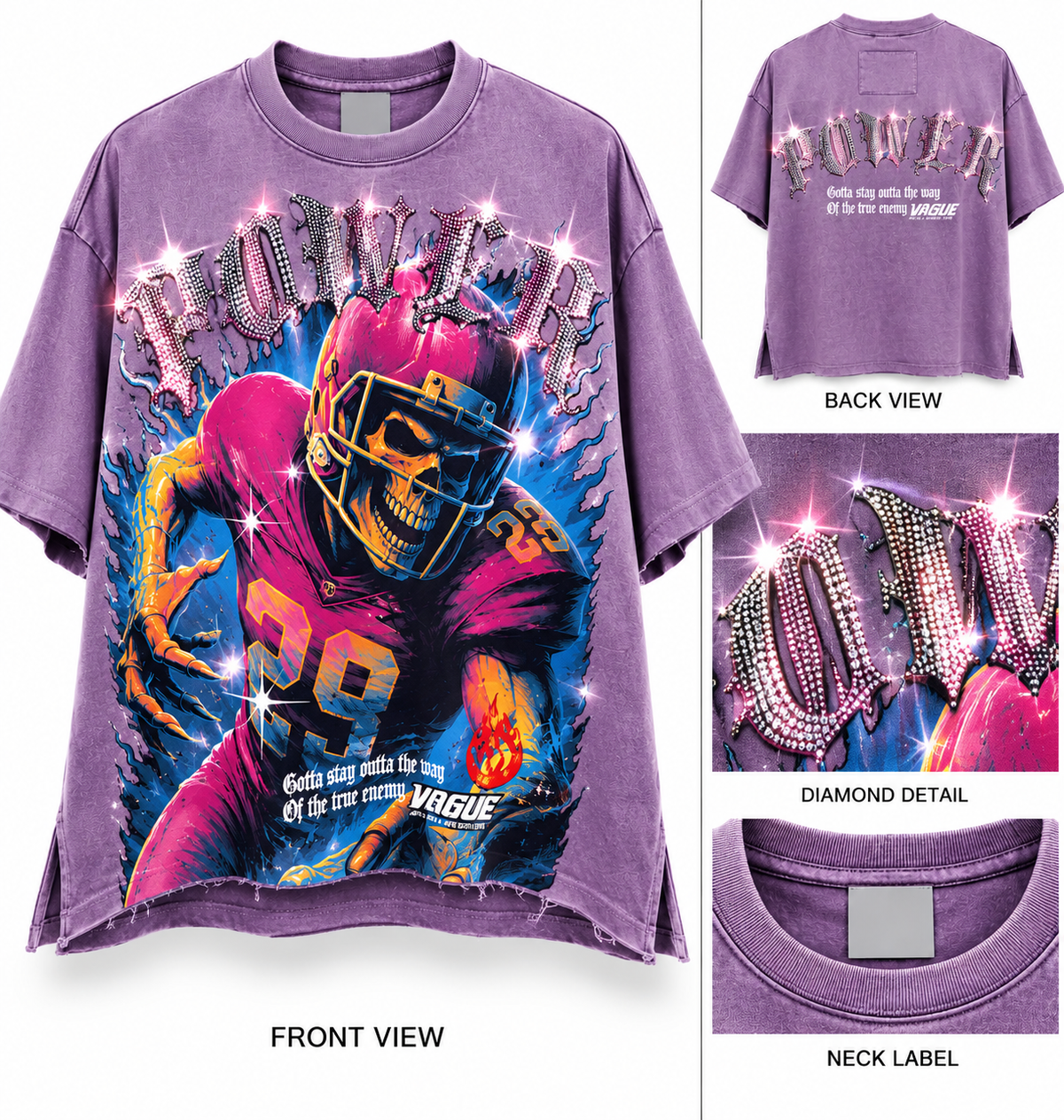 POWER Rhinestone Skull Football Tee – Vintage Purple