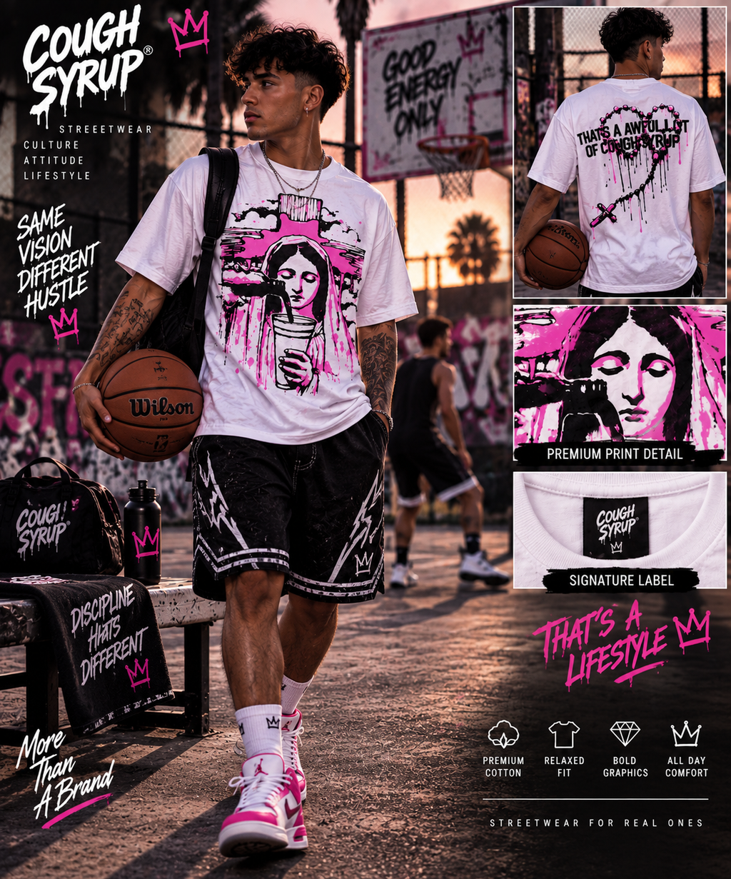 Cough Syrup Sacred Drip Tee – Pink & Black
