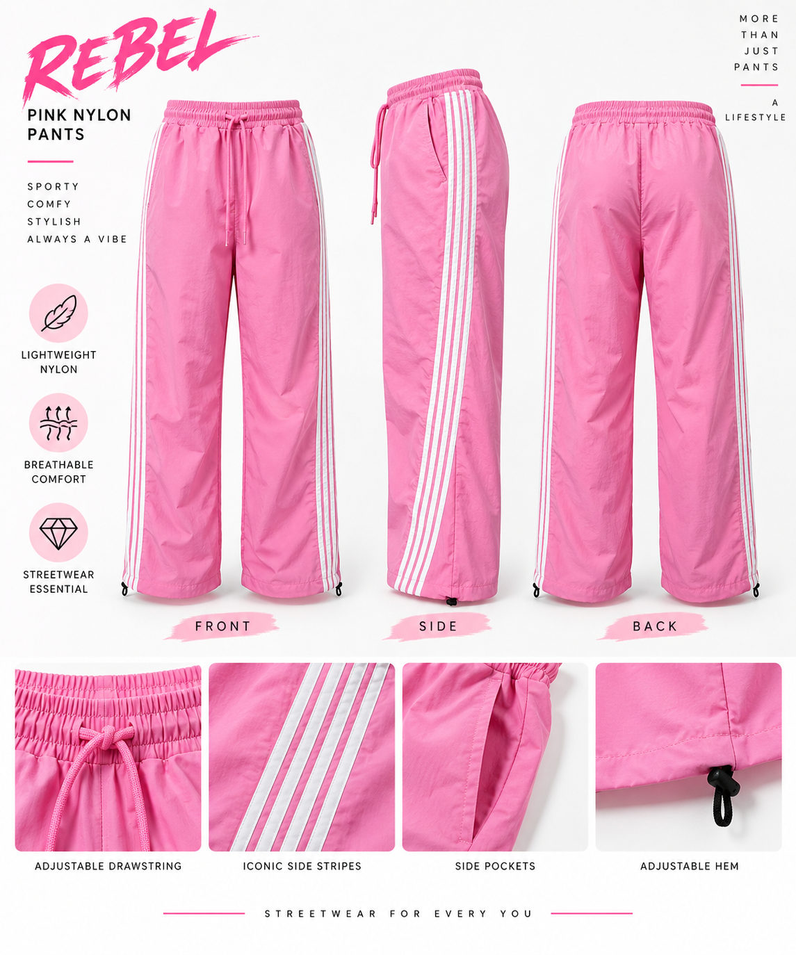 Rebel Pink Nylon Track Pants – Retro Streetwear