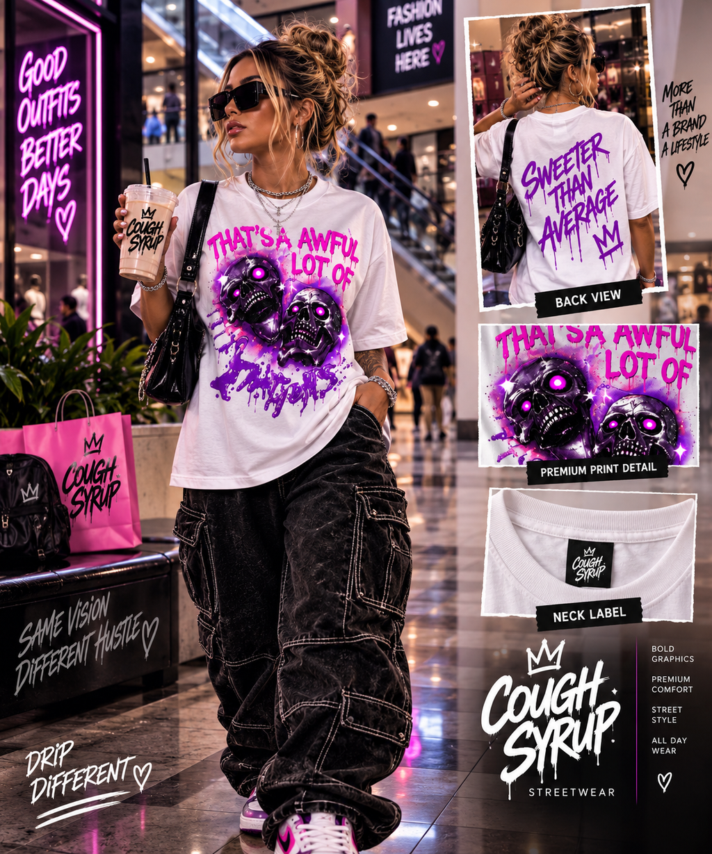 That's an Awful Lot of Cough Syrup – Pink & Purple Skull Graphic Tee | White