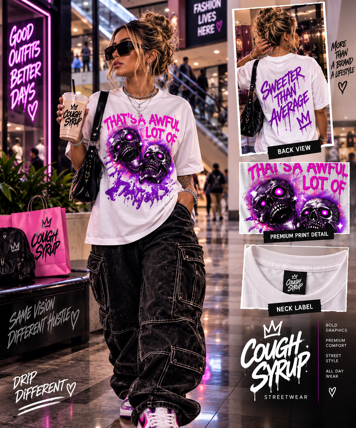 That's an Awful Lot of Cough Syrup – Pink & Purple Skull Graphic Tee | White