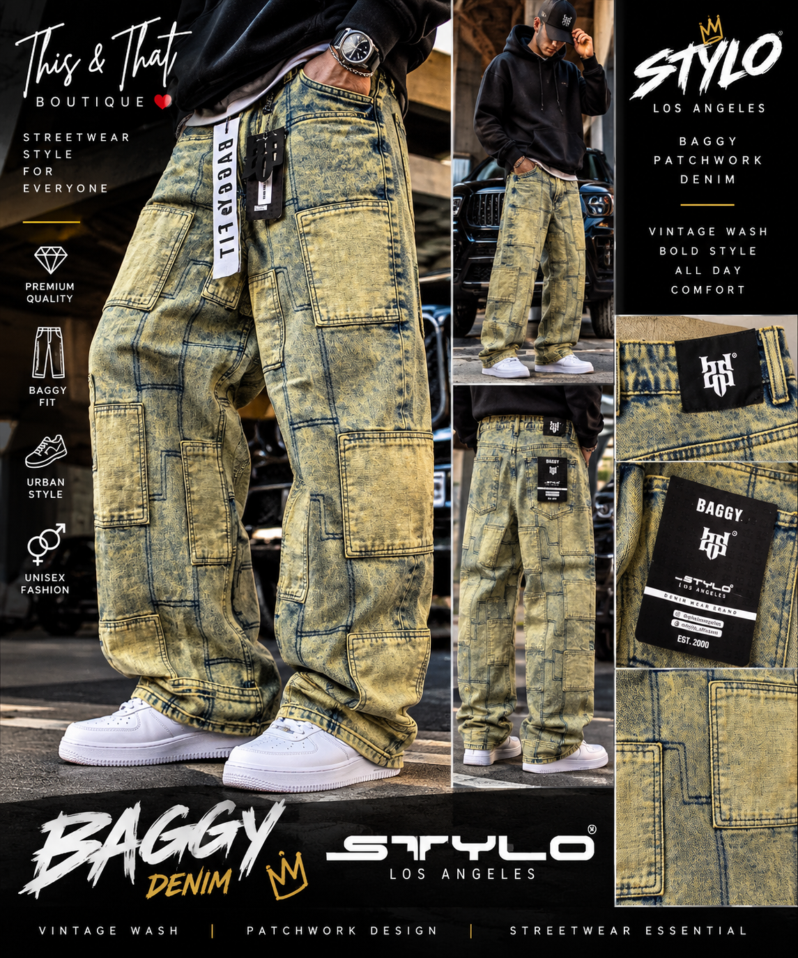 STYLO LA Vintage Wash Patchwork Baggy Jeans | Urban Statement Denim