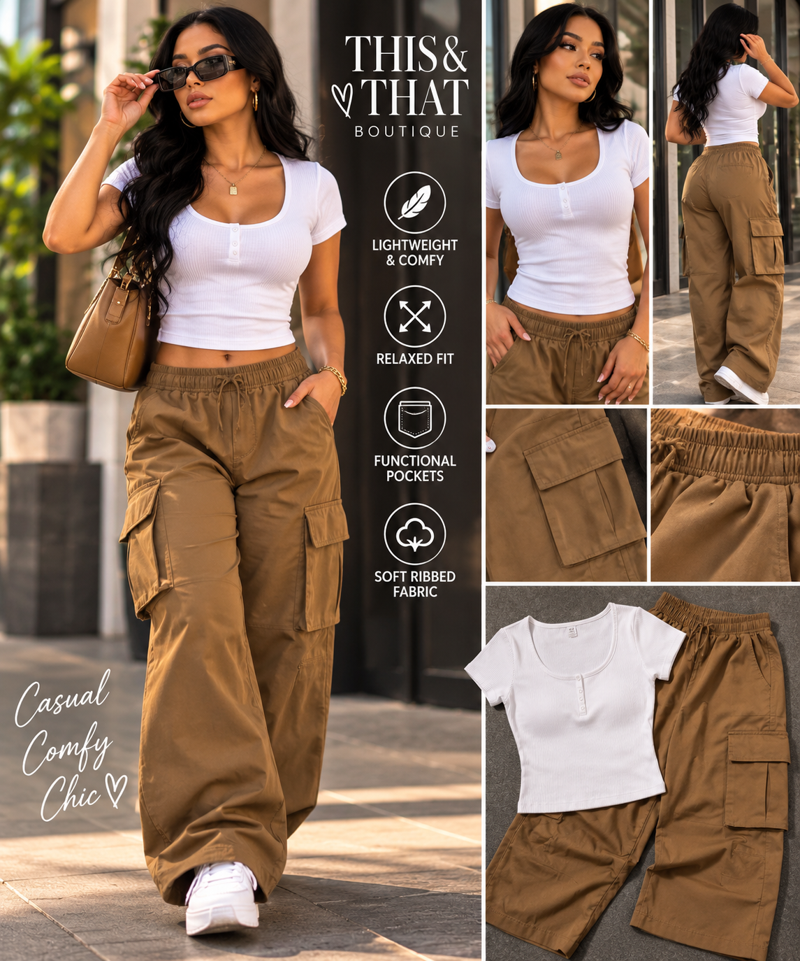 Camel Wide-Leg Cargo Pants + White Ribbed Henley Tee