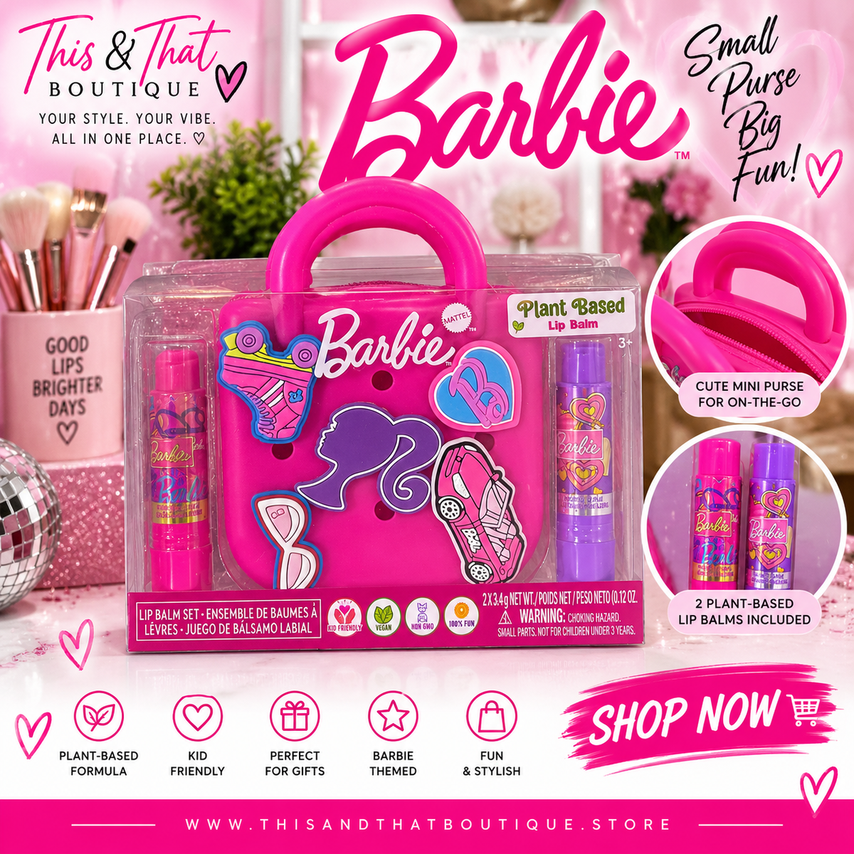 Barbie Plant-Based Lip Balm Set – Pink Mini Purse Gift Set