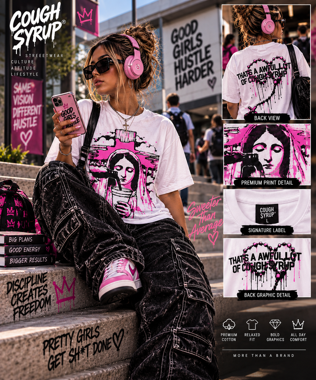 Cough Syrup Sacred Drip Tee – Pink & Black