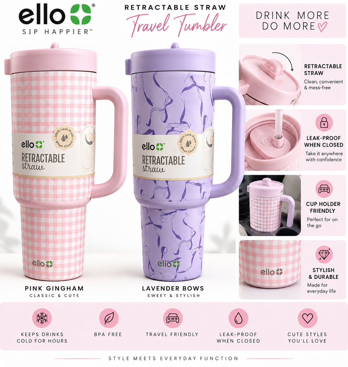 Ello Retractable Straw Tumbler – Pink Gingham & Lavender Bows