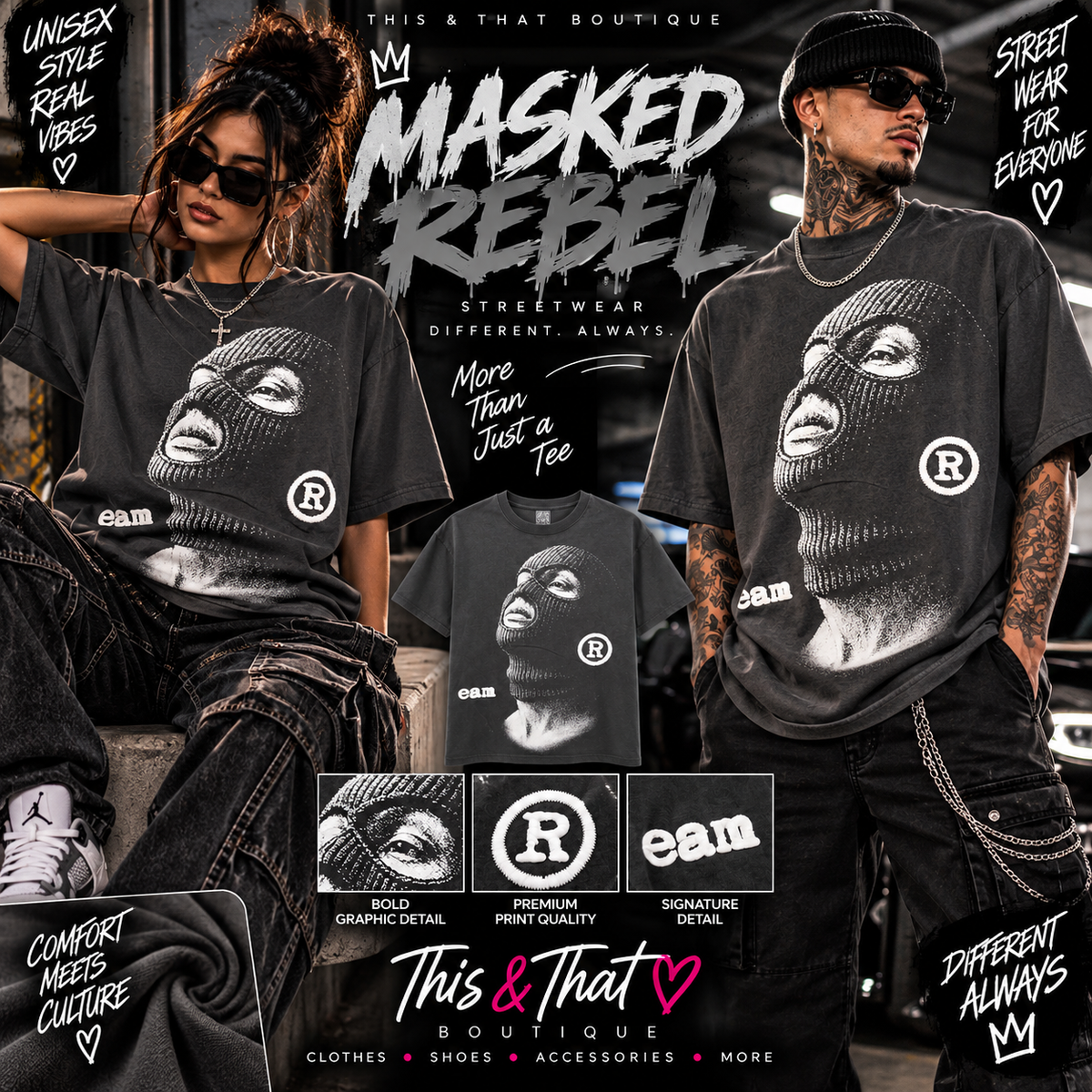 Masked Rebel Graphic Tee – Charcoal