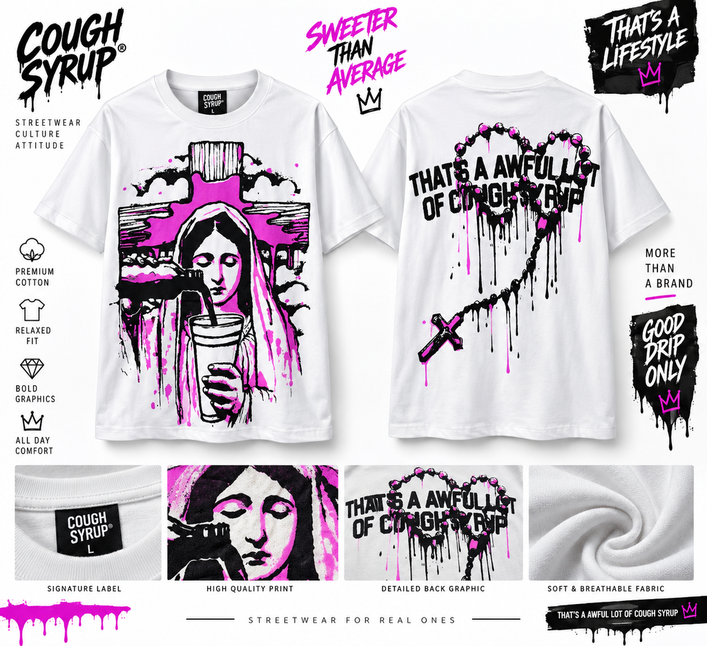 Cough Syrup Sacred Drip Tee – Pink & Black