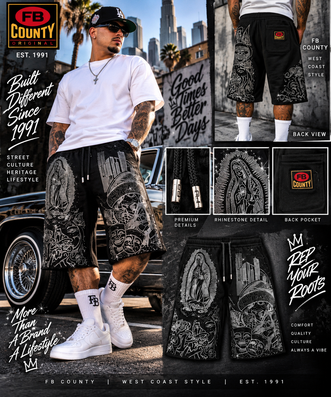 FB County Rhinestone Fleece Shorts – Black