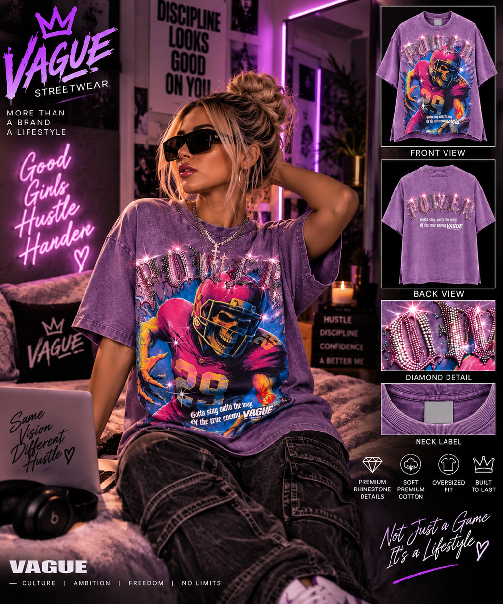 POWER Rhinestone Skull Football Tee – Vintage Purple