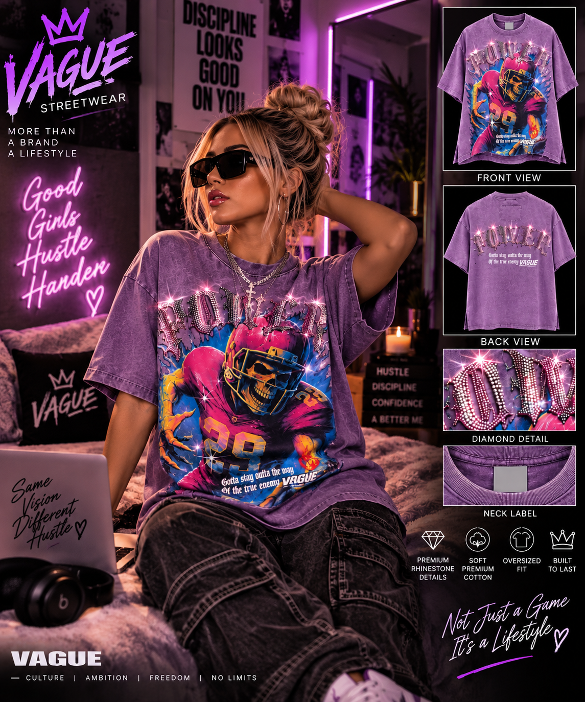 POWER Rhinestone Skull Football Tee – Vintage Purple