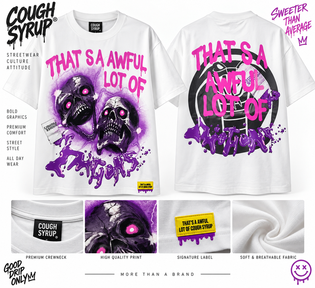 That's an Awful Lot of Cough Syrup – Pink & Purple Skull Graphic Tee | White