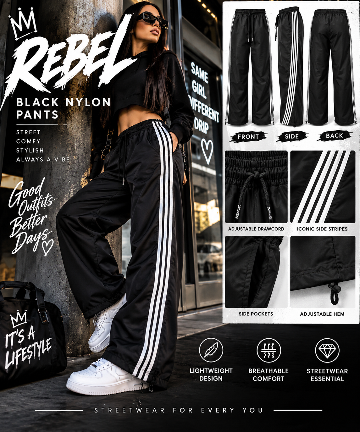Rebel Black Nylon Track Pants – Streetwear Edition