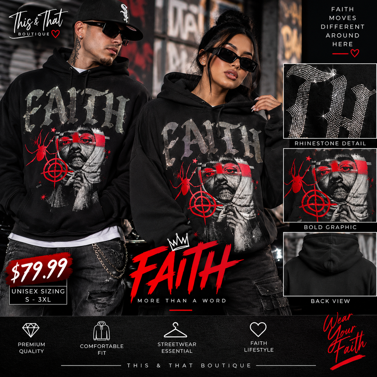 FAITH Rhinestone Graphic Hoodie | Streetwear Statement 🖤🔥 Short description: